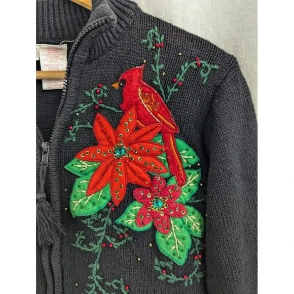 Poinsettia and cardinal holiday zip up cardigan sweater, black women's size 12 - Picture 6 of 9